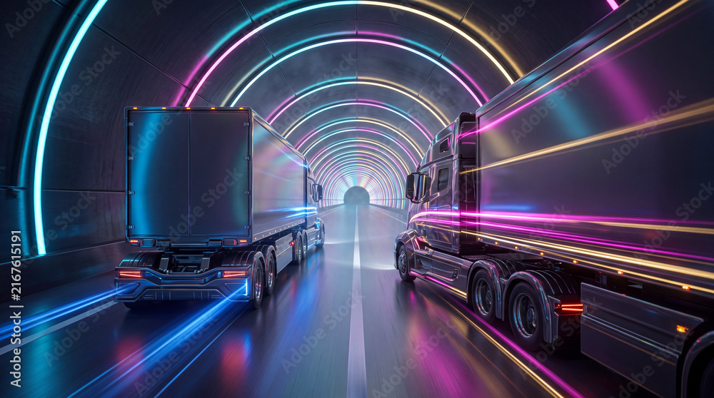 Fototapeta premium Futuristic freight truck convoy in tunnel
