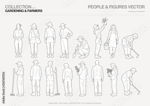 Architectural Scale People Line Art Vector Set, Hand Drawn Gardening Farmers Cutout Figures Vol. 01 for Landscape Collage Illustration (EPS SVG PNG)