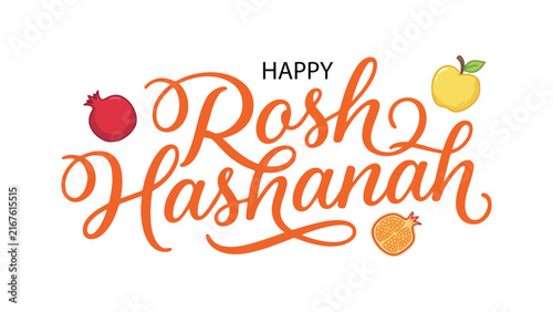 Happy Rosh Hashanah greeting design with decorative orange script typography surrounded by symbolic fruits including pomegranate and apple, festive artwork celebrating Jewish New Year traditions