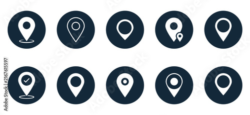 Map pin location icon set with flat dark circle markers for navigation and GPS interface design