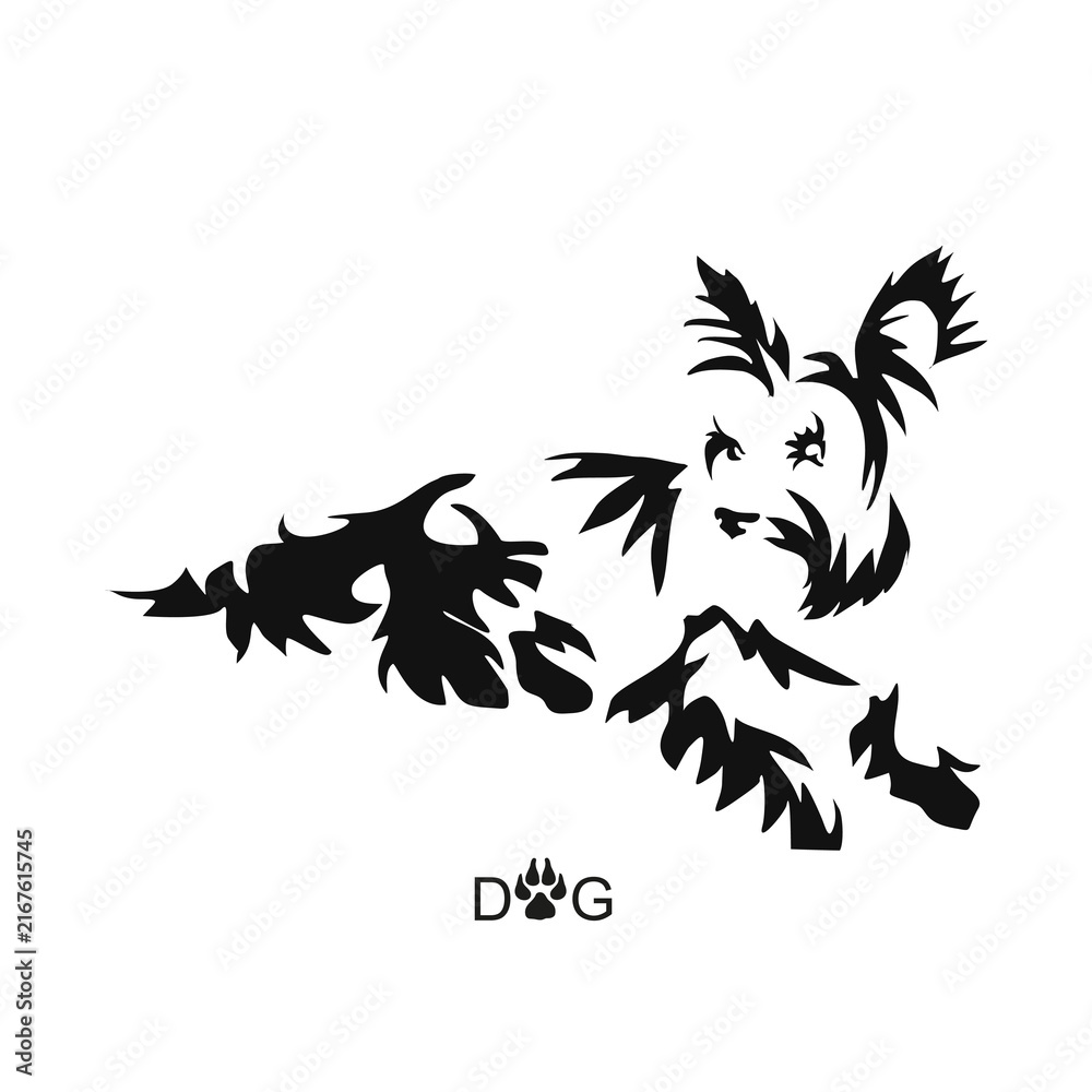 Fototapeta premium Vector drawing of a dog. Black and white gestalt design of a funny pet. Little doggy. Cute animal illustration. Postcard for International Dog Day. Drawing of an animal in the Gestalt style.