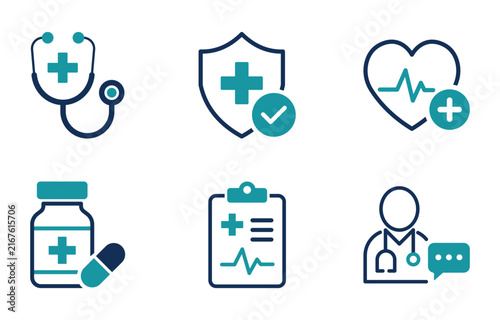 Medical icon set with clinical equipment, diagnostic tools and doctor consultation symbols for hospital and pharmacy apps