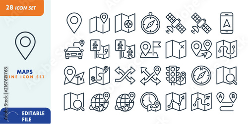 Navigation and Travel Line Icons Set – Editable Outline Vector Icons for Maps, GPS, Location and Transportation