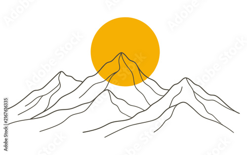 Minimalist illustration of mountains with a bright yellow sun rising above peaks