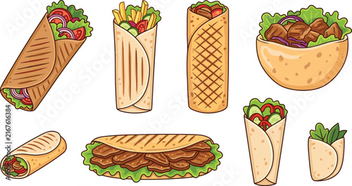 Obraz na plátne Doner kebab shawarma and gyro wrap vector illustration set featuring pita bread