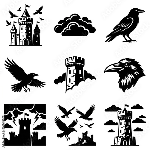 Bild auf Leinwand Collection of stylized black and white illustrations featuring castles and crows