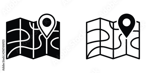 Map Icons with Location Pin and Route in Black and White Style for Navigation, Travel, Direction, Mapping, GPS, Wayfinding, Geography, and Digital Interface Design