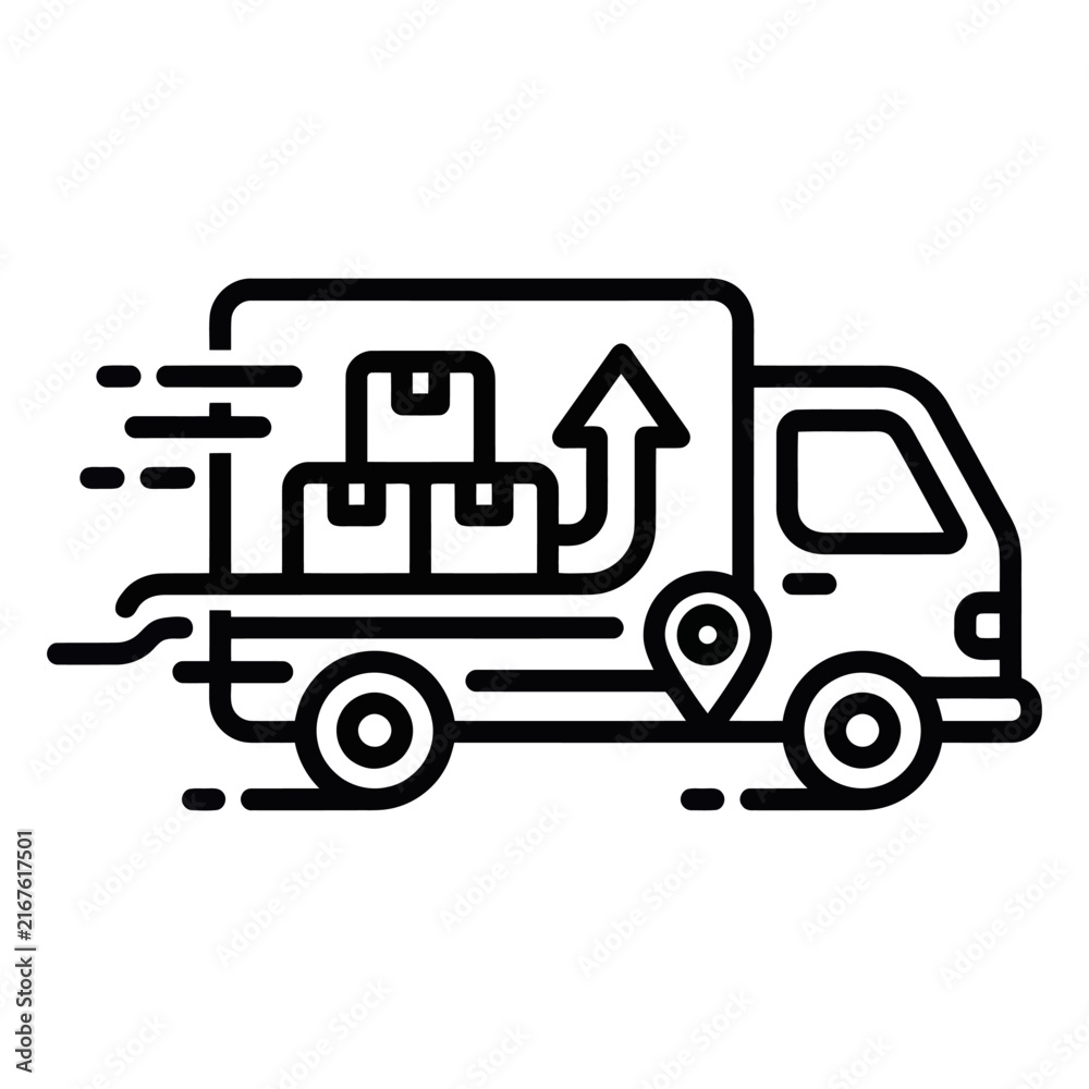 Fototapeta premium Fast delivery truck icon with cardboard boxes and location pin showing rapid shipping service for logistics business and online order tracking concept