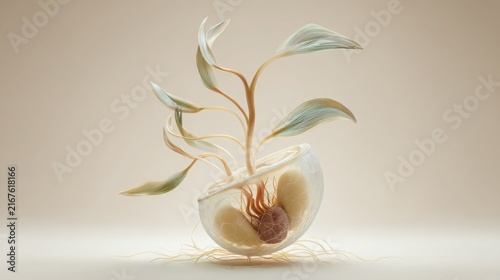 Scientific botanical visualization of a single seed floating above a minimal neutral surface, the seed partially transparent revealing embryonic