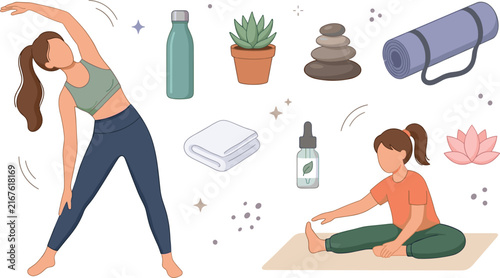 Women Doing Yoga and Stretching Exercises Set with Wellness Accessories including Mat, Stones, Towel, Bottle, and Lotus Flower Vector Illustration