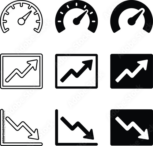 Set of simple vector icons representing speedometers and business growth and decline charts