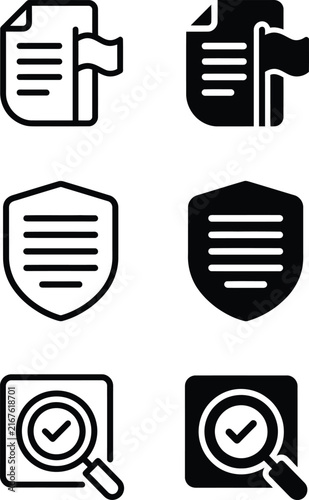 Set of vector document shield and magnifying glass interface icons for business communication