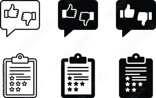Set of vector feedback icons with speech bubbles and rating clipboards