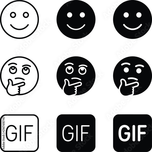 Set of vector icons featuring happy faces thinking faces and gif labels