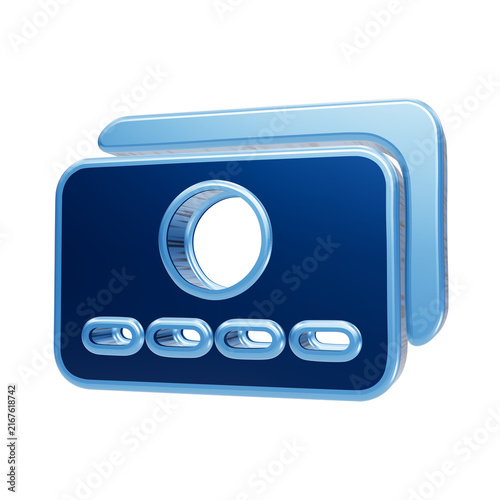 Credit Card Icon: A 3D rendering of a blue credit card icon, stylized with a circular indentation and four horizontal slots, symbolizing financial transactions and digital payments.