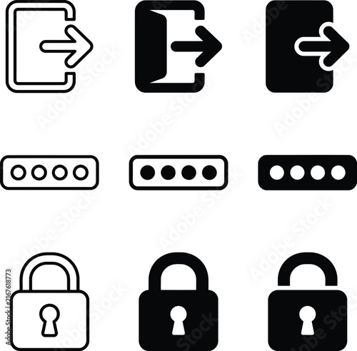 Set of web interface icons featuring log out password and security padlock symbols