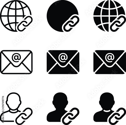 Set of web interface icons representing global communication and user connectivity
