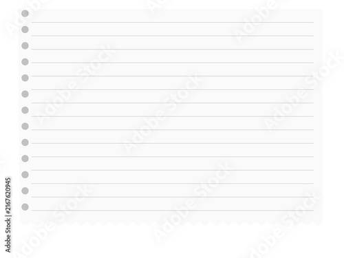 Isolated white piece of lined notebook paper with spiral binding holes on the left side transparent background