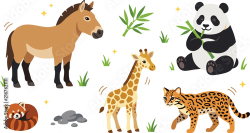 Cute Wild Animal Collection featuring Horse, Giant Panda with Bamboo, Giraffe, Ocelot Leopard, and Red Panda for Kids Book and Education Designs Vector Illustration