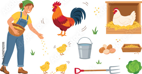 Happy Woman Farmer Feeding Chickens Set with Rooster, Chicks, Hen in Nest, Eggs, and Farming Tools Vector Illustration