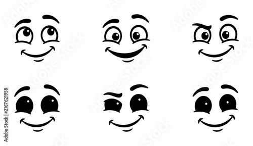 Принти на полотні Expressive Cartoon Faces Vector Pack, Six Unique Emotive Eyes and Mouths, Playfu