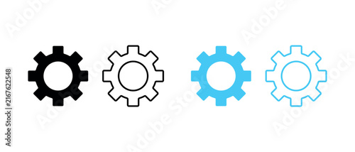 Settings gear icon set in outline and filled styles with black and light blue colors representing preferences, system, and configuration.