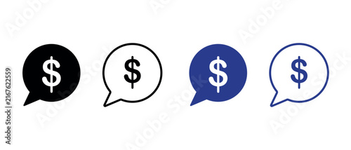 Dollar speech bubble icon set in outline and filled styles with black and blue colors representing financial discussion and negotiation.