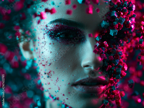Futuristic Woman Portrait with Shattering Digital Pixels