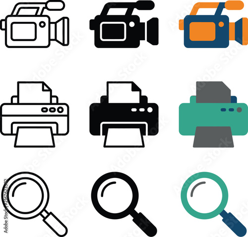 Flat icons of camera printer and magnifying glass in three styles