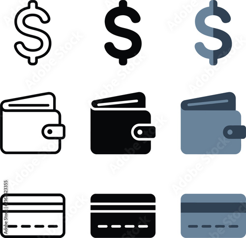 Flat icons set of money wallet and credit card symbols