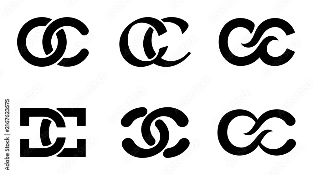 Fototapeta premium Interlocking CC Monogram Logos, Elegant Linked Letter C Designs, Modern CC Symbol Variations, Minimalist Black and White Branding Elements