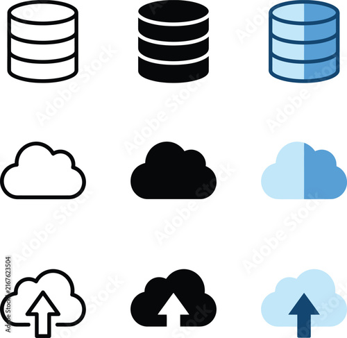 Simple database and cloud storage icons with upload symbols