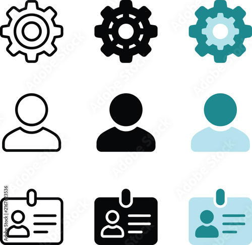 Three sets of icons showing gears people and identification cards in different styles