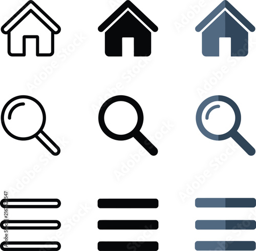 Three styles of house home search and filter icons set isolated