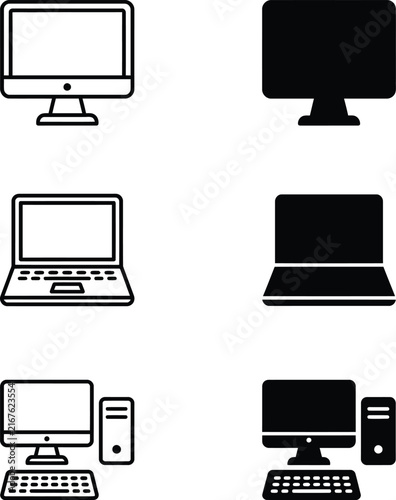 Various computer devices icons in outline and filled styles