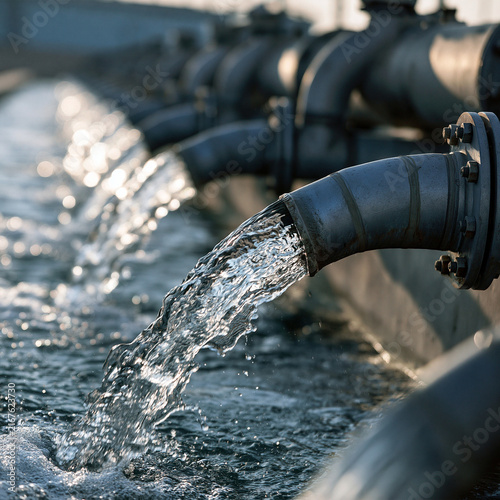 Elegent photo of Clean water flows from industrial pipes into a reservoir. Represents water management and environmental conservation for sustainable industry projects.