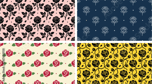 Vintage Distressed Rose Seamless Pattern Vector Set with Floral Backdrops in Pink Blue Cream and Yellow for Textiles and Wrapping Paper Designs