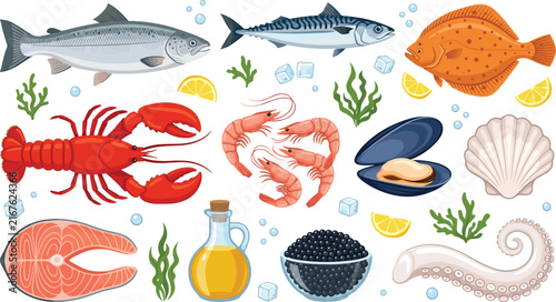 Fresh Seafood and Fish Vector Illustration Set with Salmon Lobster Shrimp Caviar Mussels Octopus and Lemon for Restaurant Menu Graphic Designs