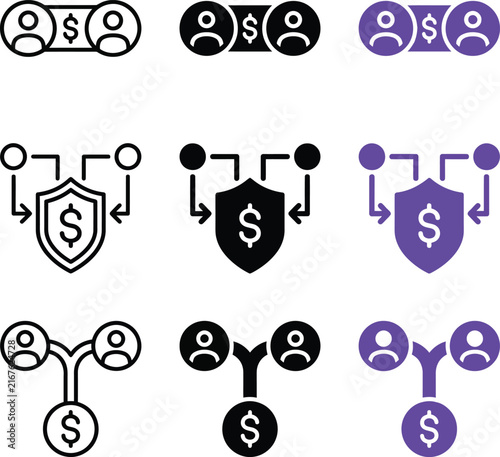 Set of business financial icons representing money transfer and protection strategies