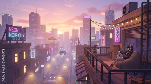 Woman relaxing on rooftop balcony overlooking futuristic neon city