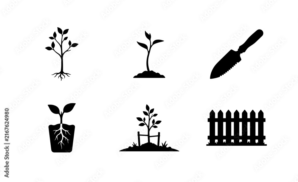 Fototapeta premium Gardening Icons Set: Plant Growth, Saplings, Tree, Trowel, Potted Plant, Fence, Vector Graphics for Agriculture and Horticulture