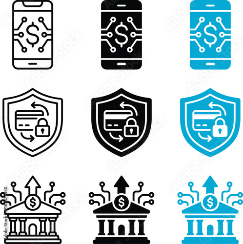 Set of digital finance and banking security icons featuring smartphones credit cards and bank buildings with circuit board patterns