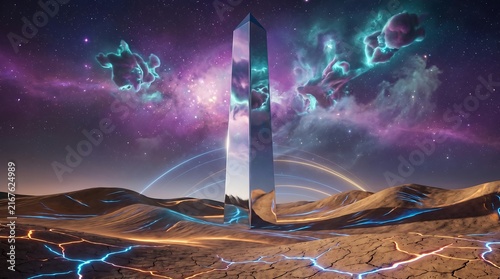 Metallic monolith standing on glowing alien desert planet