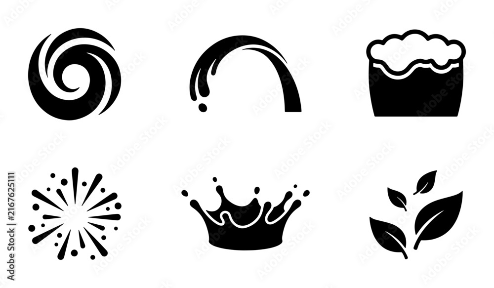 Naklejka premium Black Silhouette Icons: Swirl, Water Splash, Foam Cup, Burst, Crown Splash, Leaf Set - Versatile Vector Graphics for Design Projects