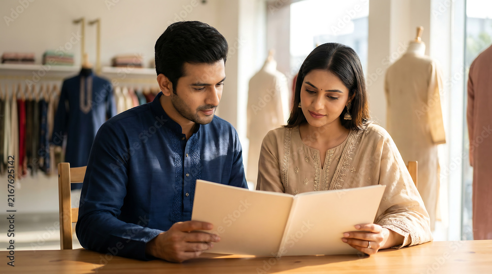 Obraz premium Indian couple choosing traditional outfit from catalog in high-end boutique store with warm soft natural lighting
