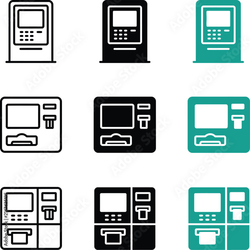 Set of various automated teller machine icon designs for banking and financial services represented in multiple styles