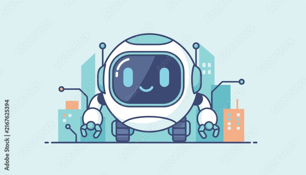 Fototapeta premium Cute round white robot assistant standing in front of a futuristic cityscape with colorful cartoon buildings and circuit lines.