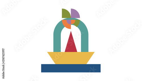 Creative geometric artwork of a sailboat is constructed using a yellow semi-circle base and other abstract shapes.