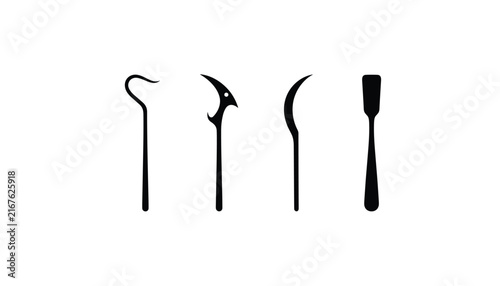Set of four antique medical or surgical tools displays sharp and curved instruments in dark black silhouettes.