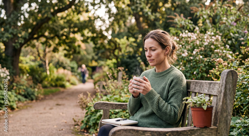 Woman Sitting on Wooden Park Bench Drinking Hot Tea with Journal ,Autumn Relaxation